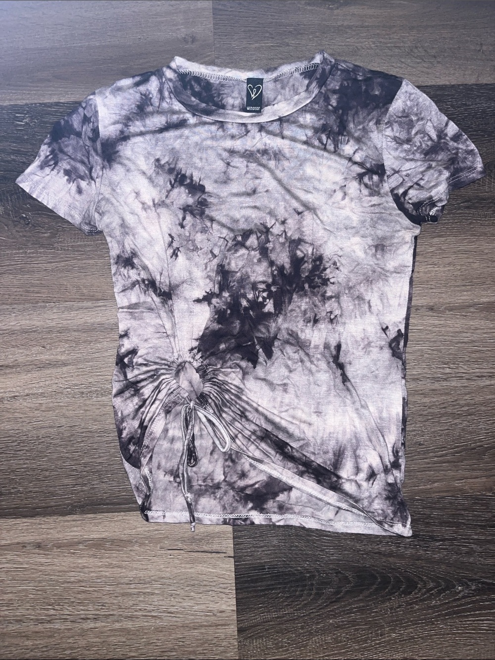 Windsor Gray Tie-Dye Side-Ruched Short Sleeve Top